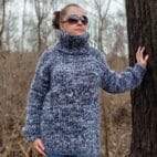 6 Strands Mohair Sweater Men Knit Turtleneck,Thick and Chunky Wool Pullover Melange