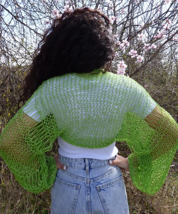 Hand Knit Cotton Bolero Summer Long Sleeves Handknitted Cotton Shrug Light Green