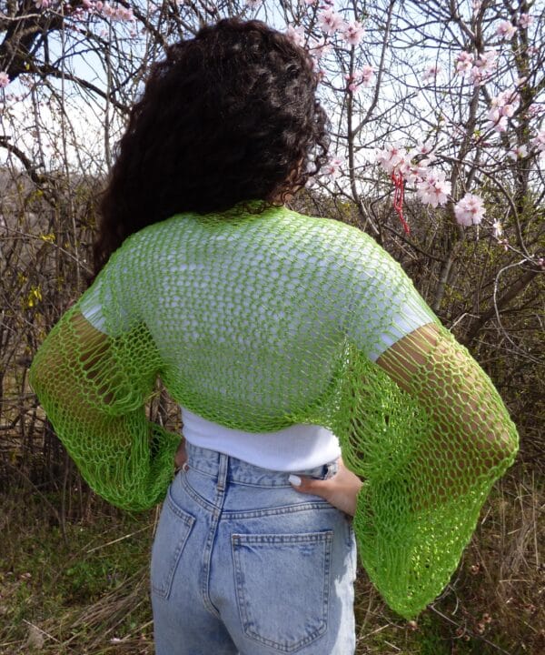 Hand Knit Cotton Bolero Summer Long Sleeves Handknitted Cotton Shrug Light Green