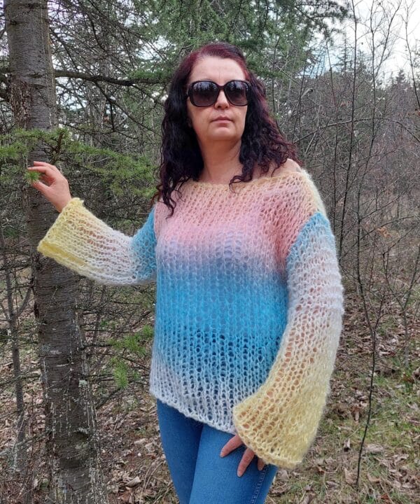 Hand Knit Mohair Sweater Multicolor Chunky Pullover Handmade Jumper