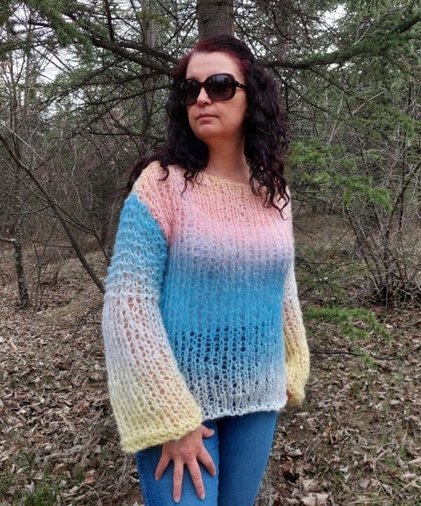 Hand Knit Mohair Sweater Multicolor Chunky Pullover Handmade Jumper