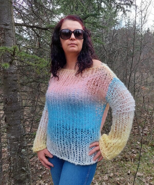 Hand Knit Mohair Sweater Multicolor Chunky Pullover Handmade Jumper