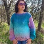 Hand Knit Mohair Sweater Multicolor Chunky Pullover Striped