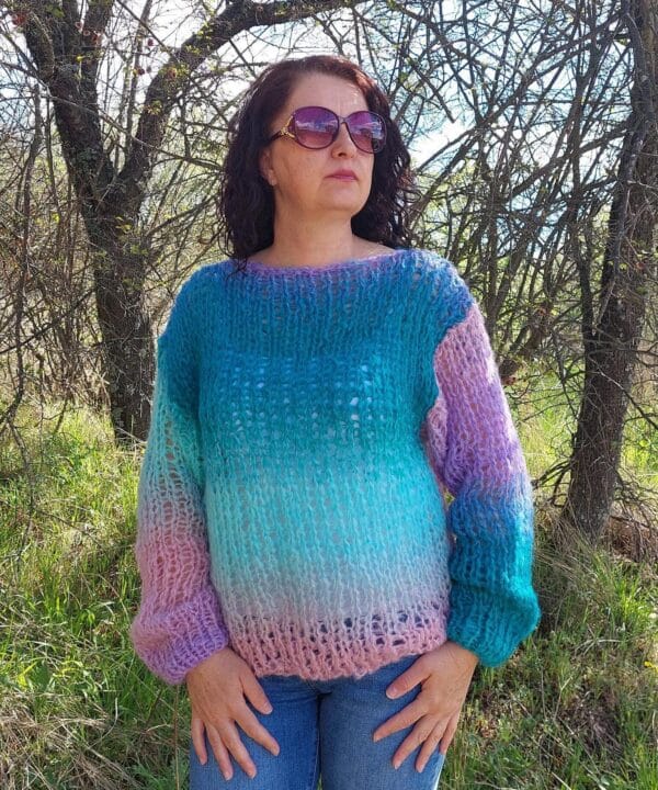 Hand Knit Mohair Sweater Multicolor Chunky Pullover Striped Hand Knit Mohair Sweater Multicolor Chunky Pullover Striped