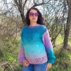 Hand Knit Mohair Sweater Multicolor Chunky Pullover Striped