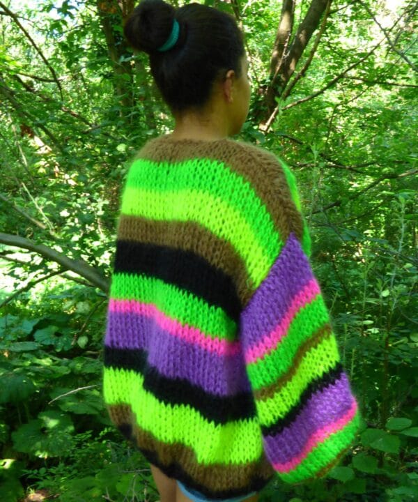 Mohair Cardigan Striped Knit ,Chunky and Thick Sweater with Balloon Sleeve