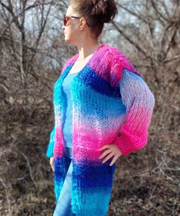 Mohair Cardigan Striped Knit ,Chunky Thick Sweater Multicolor,Balloon Sleeve