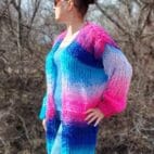 Mohair Cardigan Striped Knit ,Chunky Thick Sweater Multicolor,Balloon Sleeve