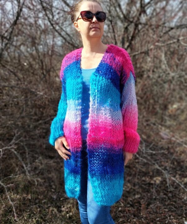 Mohair Cardigan Striped Knit ,Chunky Thick Sweater Multicolor,Balloon Sleeve