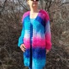 Mohair Cardigan Striped Knit ,Chunky Thick Sweater Multicolor,Balloon Sleeve
