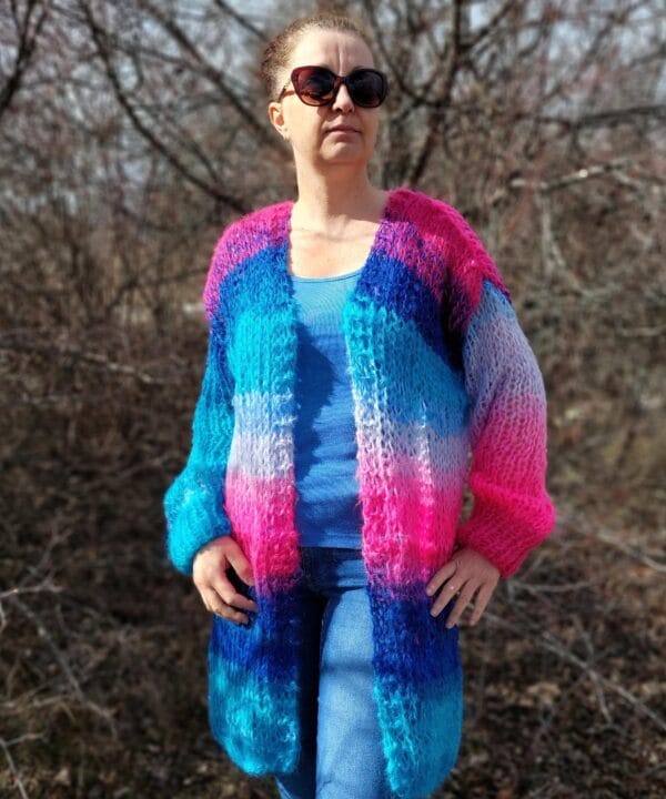 Mohair Cardigan Striped Knit ,Chunky Thick Sweater Multicolor,Balloon Sleeve