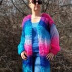 Mohair Cardigan Striped Knit ,Chunky Thick Sweater Multicolor,Balloon Sleeve