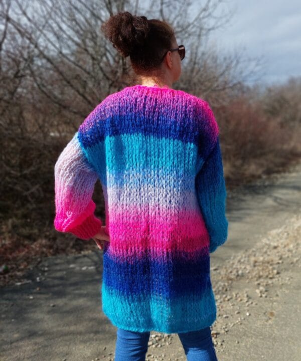 Mohair Cardigan Striped Knit ,Chunky Thick Sweater Multicolor,Balloon Sleeve