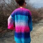 Mohair Cardigan Striped Knit ,Chunky Thick Sweater Multicolor,Balloon Sleeve