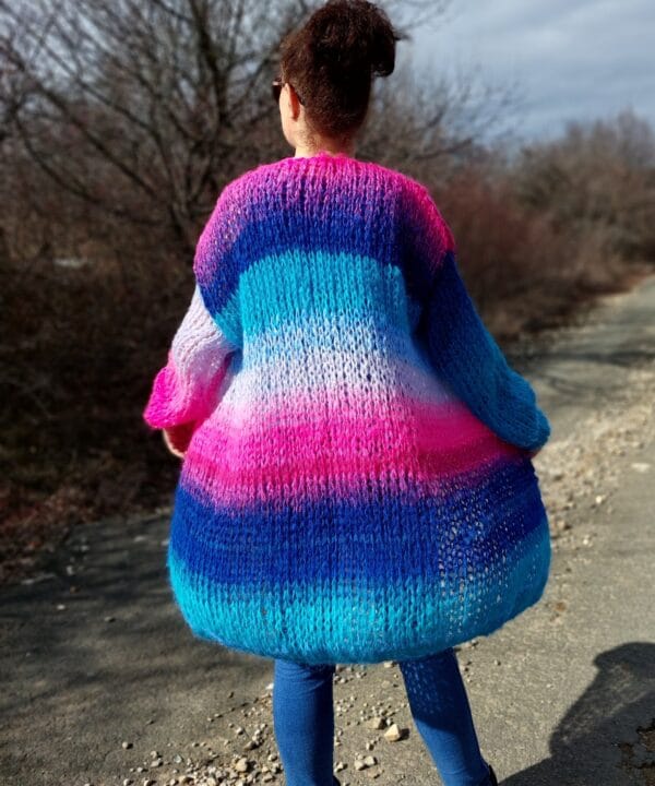Mohair Cardigan Striped Knit ,Chunky Thick Sweater Multicolor,Balloon Sleeve