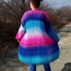 Mohair Cardigan Striped Knit ,Chunky Thick Sweater Multicolor,Balloon Sleeve