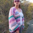 Mohair Cardigan Women Striped Knit ,Chunky Sweater Multicolor,Soft and Fluffy Jumper