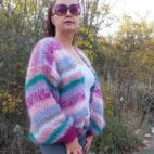 Mohair Cardigan Women Striped Knit ,Chunky Sweater Multicolor,Soft and Fluffy Jumper