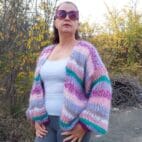 Mohair Cardigan Women Striped Knit ,Chunky Sweater Multicolor,Soft and Fluffy Jumper