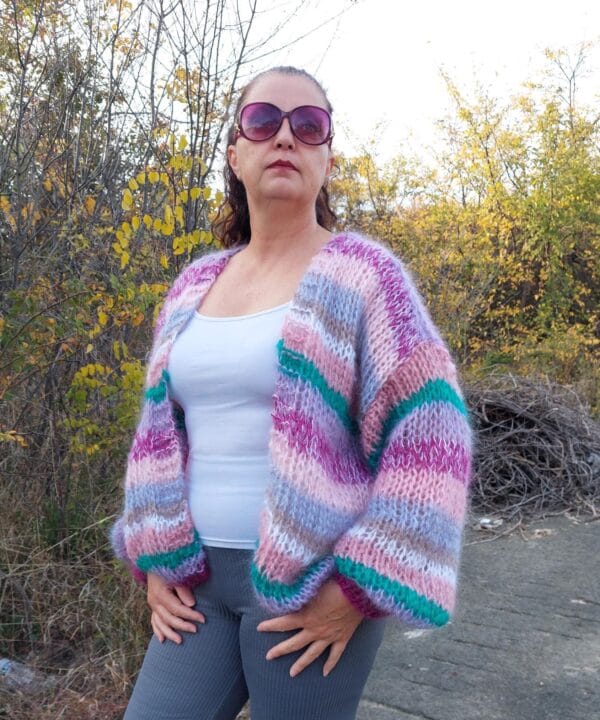 Mohair Cardigan Women Striped Knit ,Chunky Sweater Multicolor,Soft and Fluffy Jumper Mohair Cardigan Women Striped Knit ,Chunky Sweater Multicolor,Soft and Fluffy Jumper