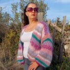 Mohair Cardigan Women Striped Knit ,Chunky Sweater Multicolor,Soft and Fluffy Jumper