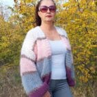 Mohair Cardigan Women Striped Knit ,Chunky Sweater Multicolor,Soft and Fuzzy in Boho Style