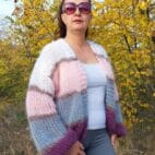 Mohair Cardigan Women Striped Knit ,Chunky Sweater Multicolor,Soft and Fuzzy in Boho Style