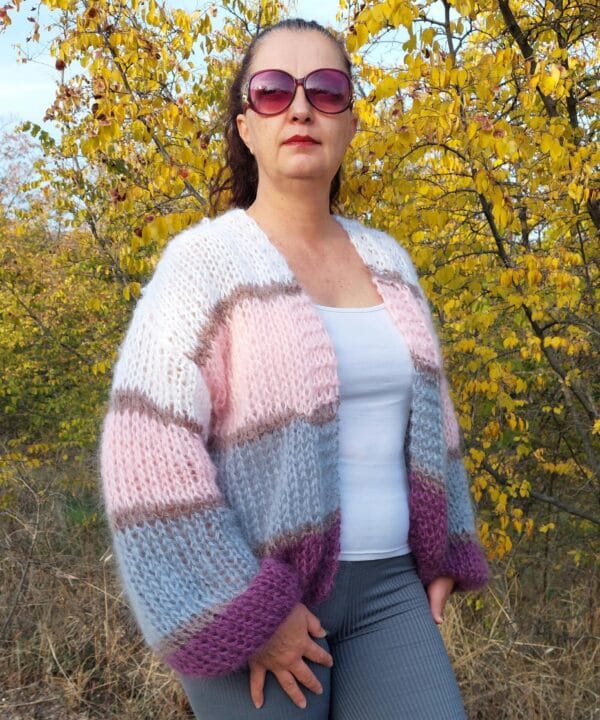 Mohair Cardigan Women Striped Knit ,Chunky Sweater Multicolor,Soft and Fuzzy in Boho Style Mohair Cardigan Women Striped Knit ,Chunky Sweater Multicolor,Soft and Fuzzy in Boho Style