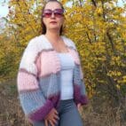 Mohair Cardigan Women Striped Knit ,Chunky Sweater Multicolor,Soft and Fuzzy in Boho Style