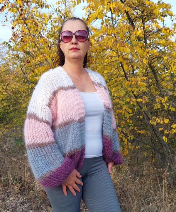 Mohair Cardigan Women Striped Knit ,Chunky Sweater Multicolor,Soft and Fuzzy in Boho Style Mohair Cardigan Women Striped Knit ,Chunky Sweater Multicolor,Soft and Fuzzy in Boho Style