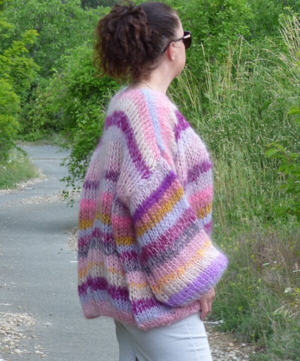 Mohair Cardigan Women Striped Knit ,Chunky Sweater Multicolor,Soft and Fuzzy