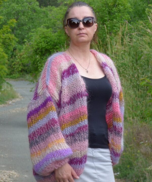 Mohair Cardigan Women Striped Knit ,Chunky Sweater Multicolor,Soft and Fuzzy