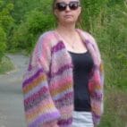 Mohair Cardigan Women Striped Knit ,Chunky Sweater Multicolor,Soft and Fuzzy