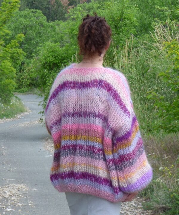 Mohair Cardigan Women Striped Knit ,Chunky Sweater Multicolor,Soft and Fuzzy