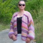 Mohair Cardigan Women Striped Knit ,Chunky Sweater Multicolor,Soft and Fuzzy