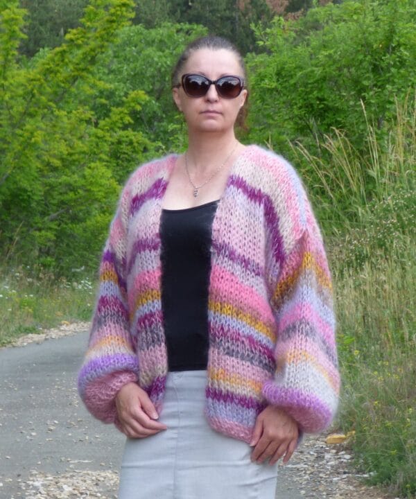 Mohair Cardigan Women Striped Knit ,Chunky Sweater Multicolor,Soft and Fuzzy