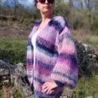 Mohair Cardigan Women Striped Knit ,Chunky Sweater Multicolor,Soft and Fuzzy