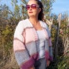 Mohair Cardigan Women Striped Knit ,Chunky Sweater Multicolor,Soft and Fuzzy in Boho Style
