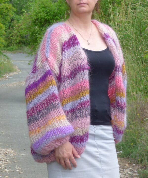 Mohair Cardigan Women Striped Knit ,Chunky Sweater Multicolor,Soft and Fuzzy