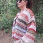 Mohair Cardigan Women Striped Knit ,Chunky Sweater Multicolor ,Soft and Fuzzy