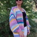 Mohair Cardigan Women Striped Knit ,Chunky Sweater Multicolor,Soft and Fuzzy