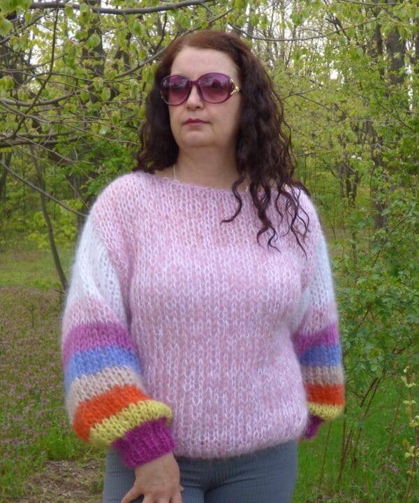Mohair Pullover With Striped Handknit Sleeves Soft and Chunky Sweater Multicolor Mohair Pullover With Striped Handknit Sleeves Soft and Chunky Sweater Multicolor