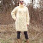 Mohair Sweater Turtleneck, Hand Knit Cable Dress,Chunky Pullover