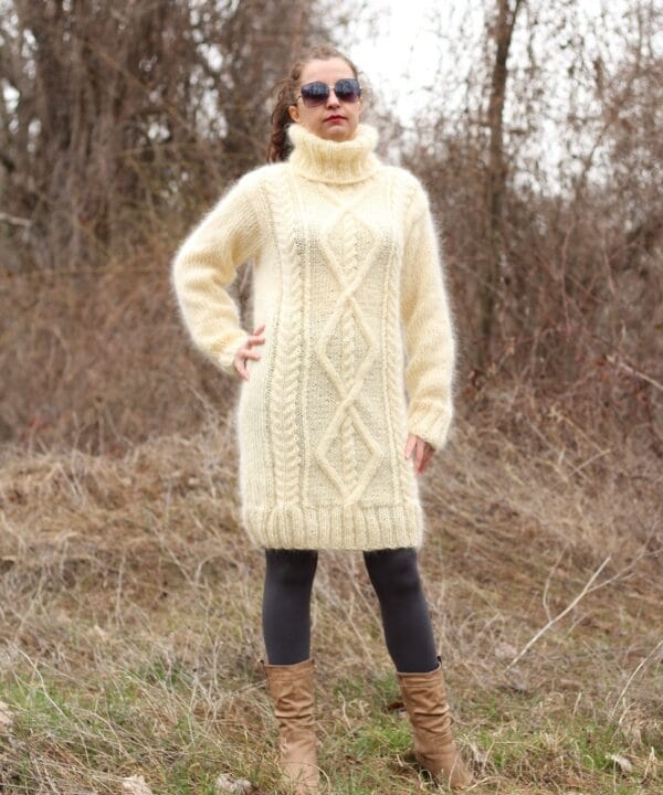 Mohair Sweater Turtleneck, Hand Knit Cable Dress,Chunky Pullover Mohair Sweater Turtleneck, Hand Knit Cable Dress,Chunky Pullover