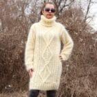 Mohair Sweater Turtleneck, Hand Knit Cable Dress,Chunky Pullover