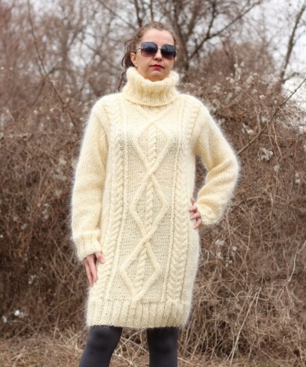 Mohair Sweater Turtleneck, Hand Knit Cable Dress,Chunky Pullover Mohair Sweater Turtleneck, Hand Knit Cable Dress,Chunky Pullover