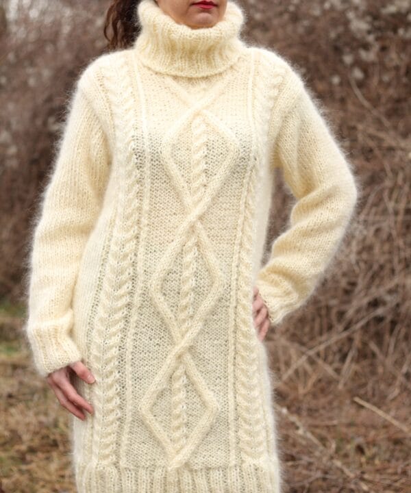 Mohair Sweater Turtleneck, Hand Knit Cable Dress,Chunky Pullover Mohair Sweater Turtleneck, Hand Knit Cable Dress,Chunky Pullover
