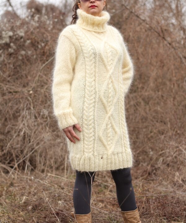 Mohair Sweater Turtleneck, Hand Knit Cable Dress,Chunky Pullover Mohair Sweater Turtleneck, Hand Knit Cable Dress,Chunky Pullover