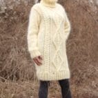 Mohair Sweater Turtleneck, Hand Knit Cable Dress,Chunky Pullover