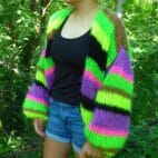 Плетена жилетка от мохер, дебел и дебел пуловер с балонен ръкав